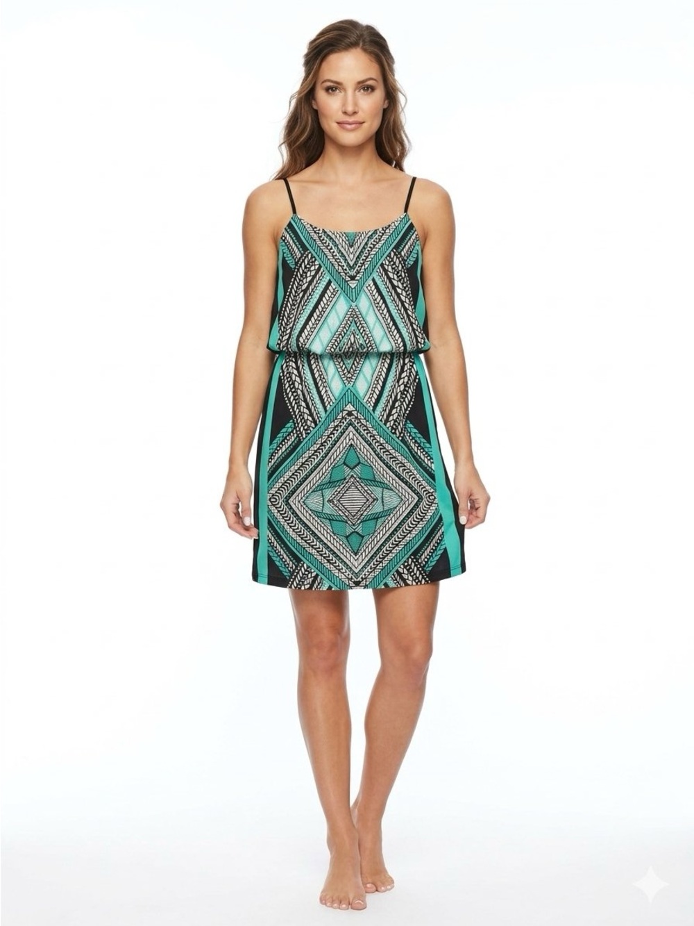 Spaghetti-Strap Geo Print Midi Dress in Teal and Black Size L